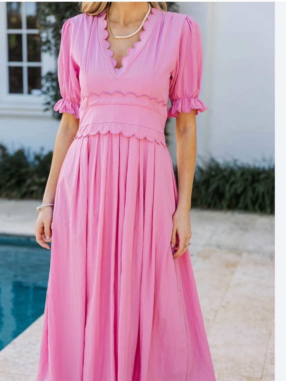 Graceful Pink Scalloped V-Neck Maxi Dress